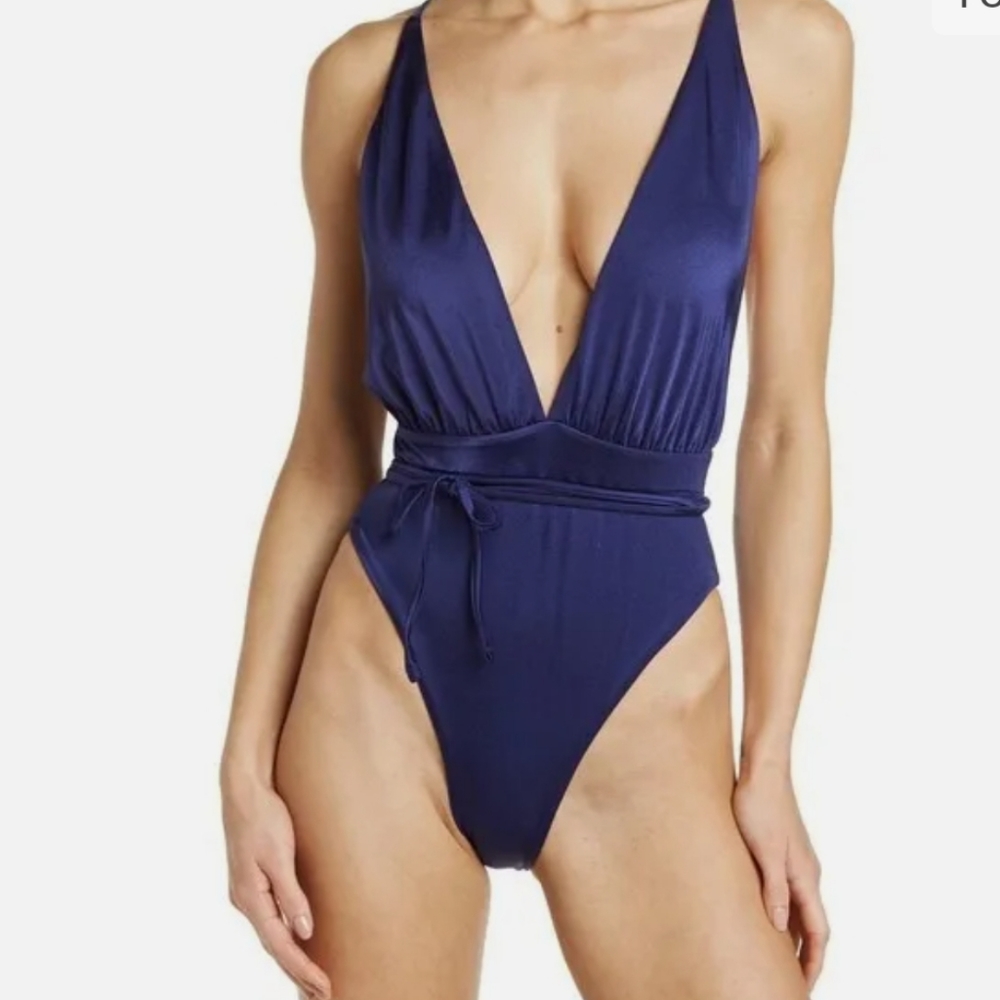 Maaji Reversible Striped Blue Pink Plunge V- neck One Piece Swimsuit NWT M